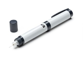 A simple, single-use, medical pen device rests on a plain white background.