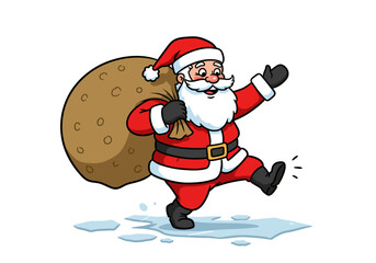 Santa Claus with Sack on Ice Christmas Cartoon Illustration.