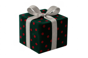 Green gift box with red dots and white ribbon on transparent background