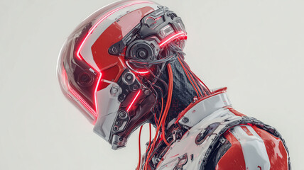 Robot head with red and white futuristic design