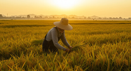 Rice Harvest at Sunrise: Golden Fields, Farmer in Straw Hat, Rural Agriculture Scene
