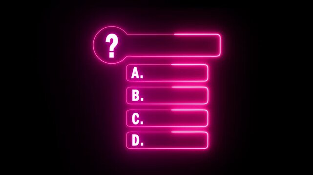 Glowing neon question template animation on the black background. animated quiz challenge template