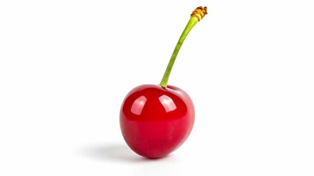 Single Red Cherry on White - A single, glossy red cherry with a green stem is shown against a clean white background. The video is perfect for use in food, health, or summer-themed projects.