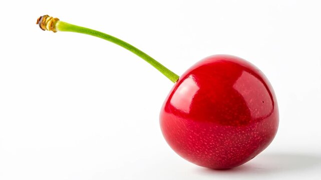 Single Glossy Red Cherry on White - A single, ripe red cherry with a vibrant green stem is showcased against a clean white background.