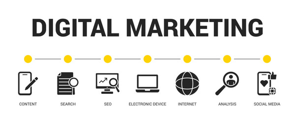 Digital Marketing Glyph Icon Set For Web Banner. Vector Illustration Concept With Some Icons. Designed In Glyph Style