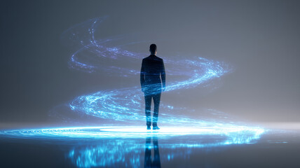 Man standing with digital light swirl background