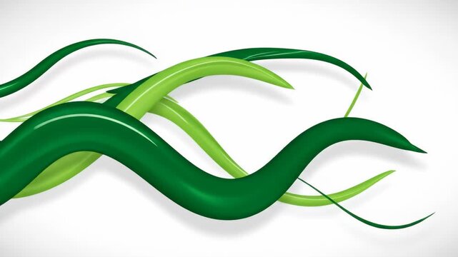 Abstract Green Leaf Ribbon Swirls - Dynamic green ribbons in shades of light and dark green intertwine and swirl against a clean white background. The video evokes a sense of movement and fluidity.