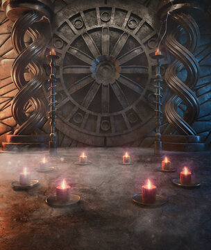 3D rendering of a gothic style fantasy chamber environment with circular window, stone walls, wet ground and set of classic candles