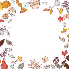秋の落ち葉と木の実のベクターイラスト。葉っぱの秋植物イラスト。秋の線画背景。Autumn leaves and nuts vector illustration. Autumn plant illustration with leaves. Autumn line art background.
