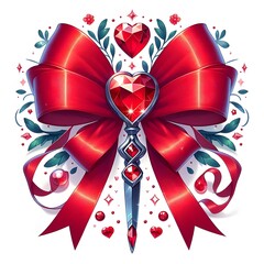 A red ribbon bow with gem in heart shape isolated on white background .