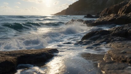 Fototapeta premium Rocky coast at sunset, waves crashing against dark rocks, sun reflecting on wet surfaces