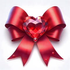 A red ribbon bow with gem in heart shape isolated on white background .