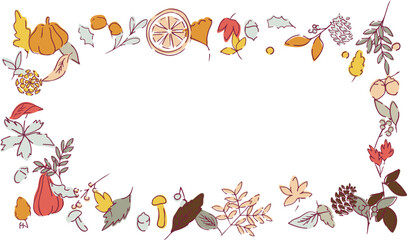 秋の落ち葉と木の実のベクターイラスト。葉っぱの秋植物イラスト。秋の線画背景。Autumn leaves and nuts vector illustration. Autumn plant illustration with leaves. Autumn line art background.