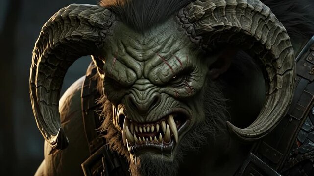 Beast Head Close Up - A close-up shot reveals the detailed features of a monstrous beast's head, showcasing its sharp horns, fierce expression, and textured skin.