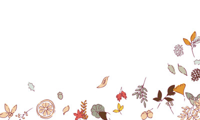 Obraz premium 秋の落ち葉と木の実のベクターイラスト。葉っぱの秋植物イラスト。秋の線画背景。Autumn leaves and nuts vector illustration. Autumn plant illustration with leaves. Autumn line art background.