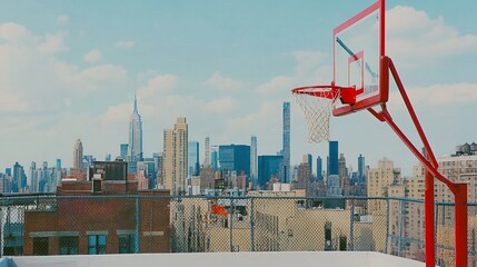 Bright red basketball hoop and net mounted on a white backboard with a high rise cityscape in the background blending urban vibes with a love for the game