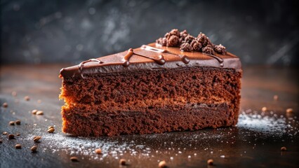 A decadent slice of moist chocolate cake, richly frosted and adorned with chocolate shavings, rests on a dark surface, dusted with powdered sugar.
