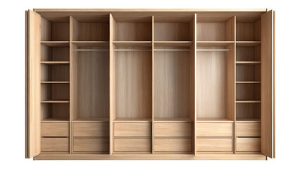 Empty light-brown wooden wardrobe with multiple shelves and drawers