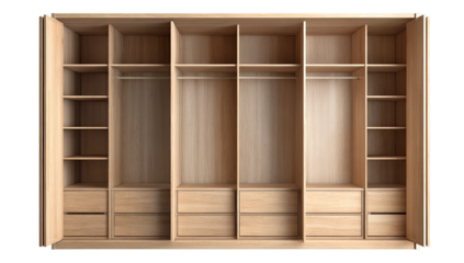 Empty light-brown wooden wardrobe with multiple shelves and drawers