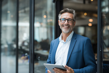 a middle-aged businessman in business attire. exuding confidence as he explores the digital space on its screen