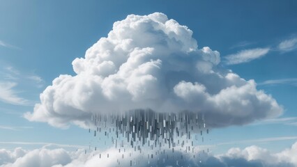 Cloud raining data bits against a bright blue sky