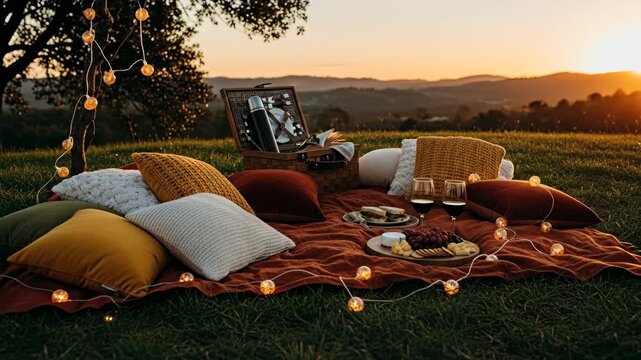 Romantic Sunset Picnic - A cozy picnic scene is set on a grassy hill at sunset, featuring a blanket, pillows, string lights, and a picnic basket with food and wine.