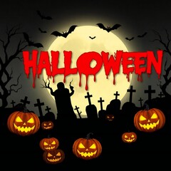 Spooky halloween scene with full moon pumpkins and graveyard