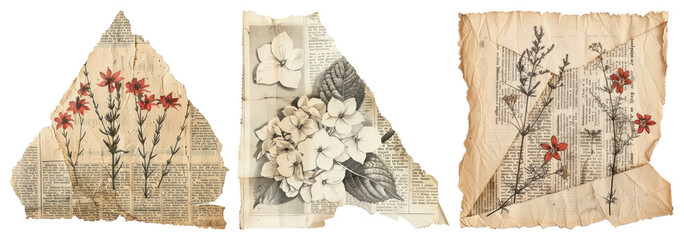 Naklejka na ściany i meble PNG Vintage floral newspaper collage, element set on transparent background