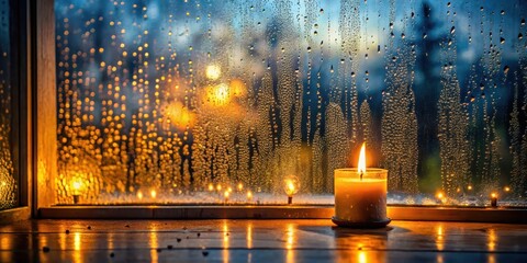Obraz premium Rainy Night Ambiance A Single Candle's Warm Glow Against a Window Streaked with Raindrops and Softly Lit Background Lights