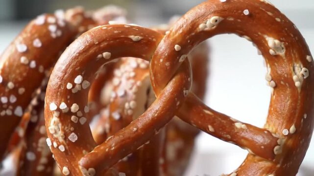 Golden Brown Salty Pretzels in a Dynamic Macro Close-Up with Shifting Focus