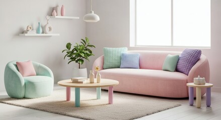 Fototapeta premium Cozy Pastel Interior A Serene Living Room with Stylish Furniture and Soft Colors for Relaxation