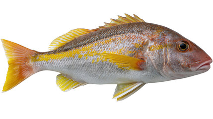 Isolated yellowtail snapper fish with yellow fins and stripes on a black background close up view