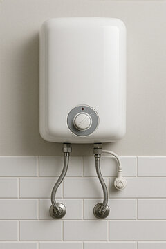 Wall-mounted electric water heater with braided hoses &mdash; compact geyser in tiled bathroom