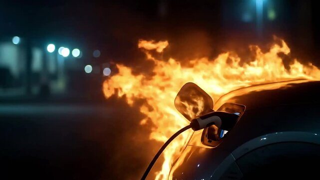 An electric car charging port engulfed in flames, highlighting the dangers of electric vehicle fires 4k video