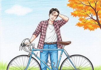 Obraz premium A Tired Man Wiping Sweat After a Long Bicycle Ride in Autumn
