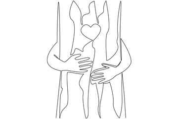 Single one line drawing hands hugging a tree trunk and on the tree trunk there is a picture of love. Keeping it green. Natural. National Love a Tree Day. Continuous line design graphic illustration