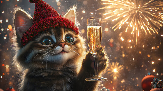 Cute cat toasting champagne glass at New Year&rsquo;s Eve party, wearing shiny festive hat with fireworks exploding in background, joyful holiday celebration 3D trendy digital illustration artwork