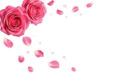 Two vibrant pink roses with falling petals and water droplets, isolated on transparent background