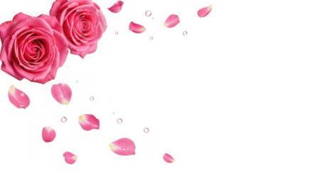 Two vibrant pink roses with falling petals and water droplets, isolated on transparent background