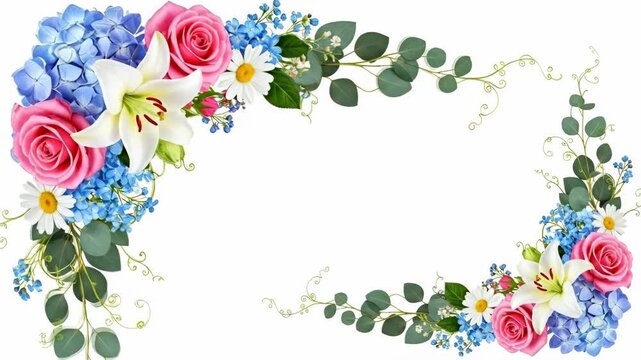 Floral Frame Border on White - A beautiful floral frame composed of pink roses, white lilies, blue hydrangeas, daisies, and eucalyptus leaves creates a lovely border on a white background.