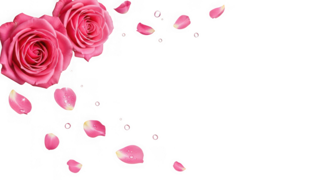 Two vibrant pink roses with falling petals and water droplets, isolated on transparent background
