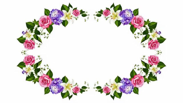 Floral Frame Border on White - A beautiful oval frame composed of pink roses, white lilies, and purple hydrangeas.