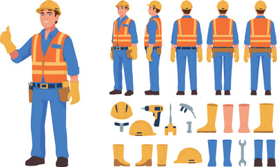 Construction worker male character set, engineer holding blueprint, builder in safety vest, architect illustration design, professional laborer animation elements pack