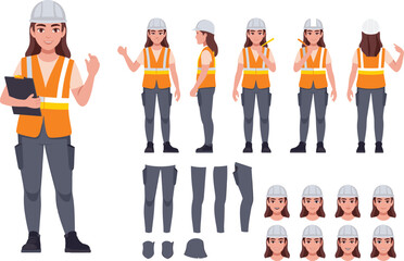 Female construction worker character set, woman engineer in helmet with safety vest, clipboard, tools, professional builder illustration, laborer animation design