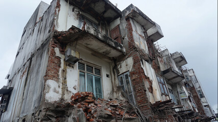 Dilapidated apartment building with crumbling facade