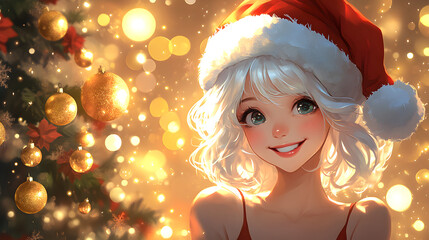 Adorable manga girl wearing Santa outfit and hat, cheerful holiday vibe with Christmas tree and ornaments, festive winter celebration in bright 3D cartoon digital anime illustration artwork