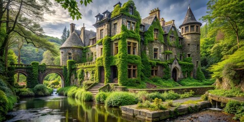 Enchanted Stone Manor House, Overgrown with Lush Ivy, Beside a Serpentine Stream and Arching Stone Bridge