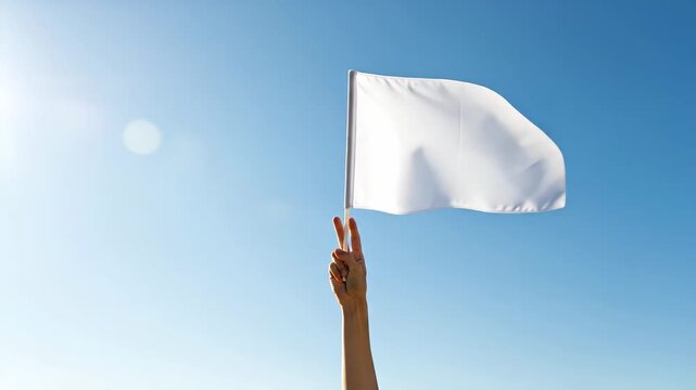 White Flag of Peace Against Blue Sky - A hand holds up a white flag against a clear blue sky, symbolizing peace, surrender, or truce.