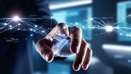 Hand Reaching Futuristic Digital Network - A hand reaches out to interact with a glowing digital network representation, nodes and lines connecting in a futuristic, technological setting.