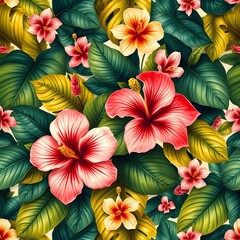 Lush tropical floral pattern featuring hibiscus and monstera leaves.